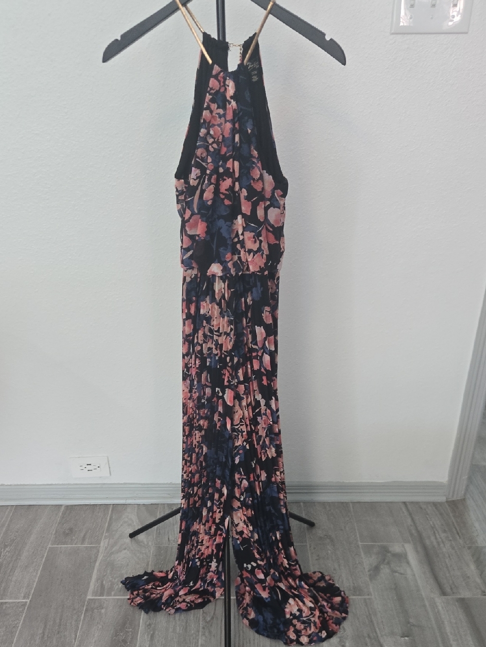 Truly Me Navy and Blush Floral Halter Pleated Maxi Dress